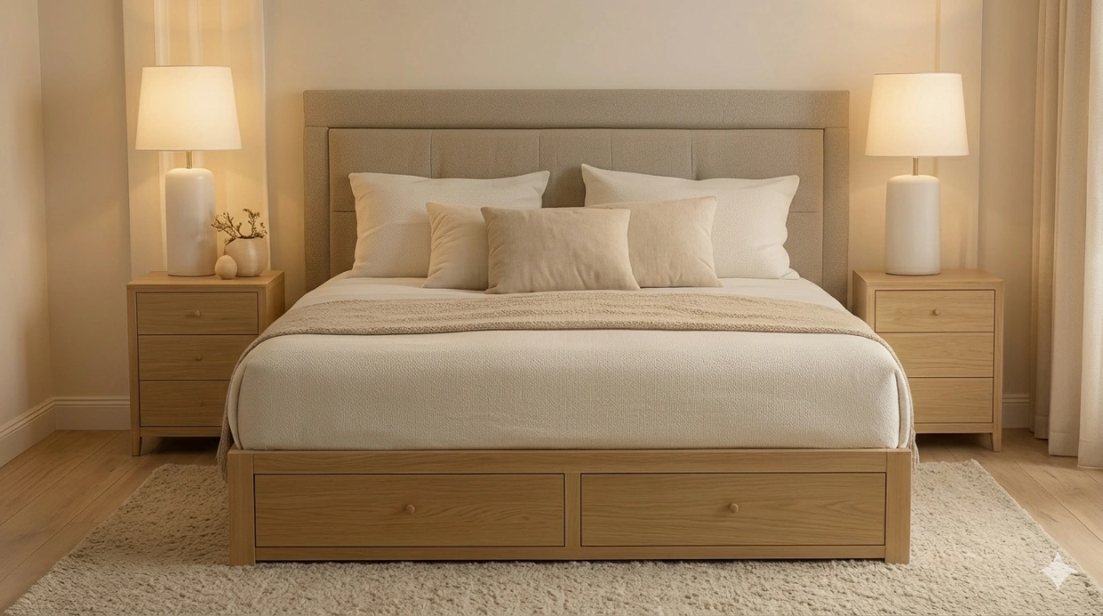Wooden storage bed frame with pull-out drawers at the Catnap Lair Ubi showroom